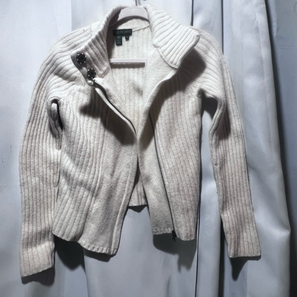 Lauren Ralph Lauren 100% Lambswool Ribbed Zip Sweater Jacket Medium Cream - Picture 2 of 8